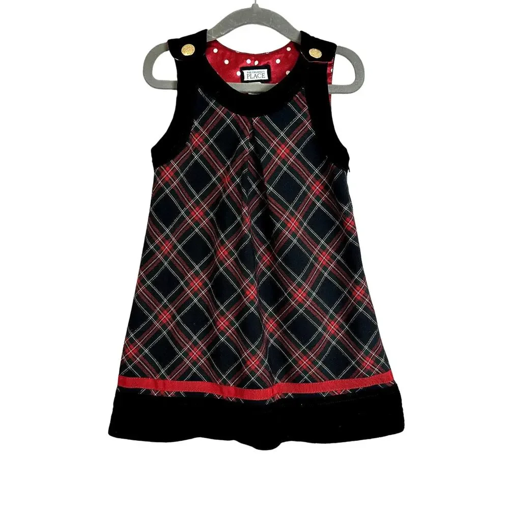 Children's Place Tartan Plaid Dress Pinafore Velvet Girl 3T Black Red Christmas